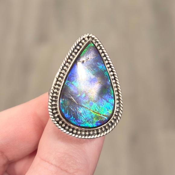 Vintage Sterling Large Blue Ammolite Ring, Triangle Doublet Adjustable Band